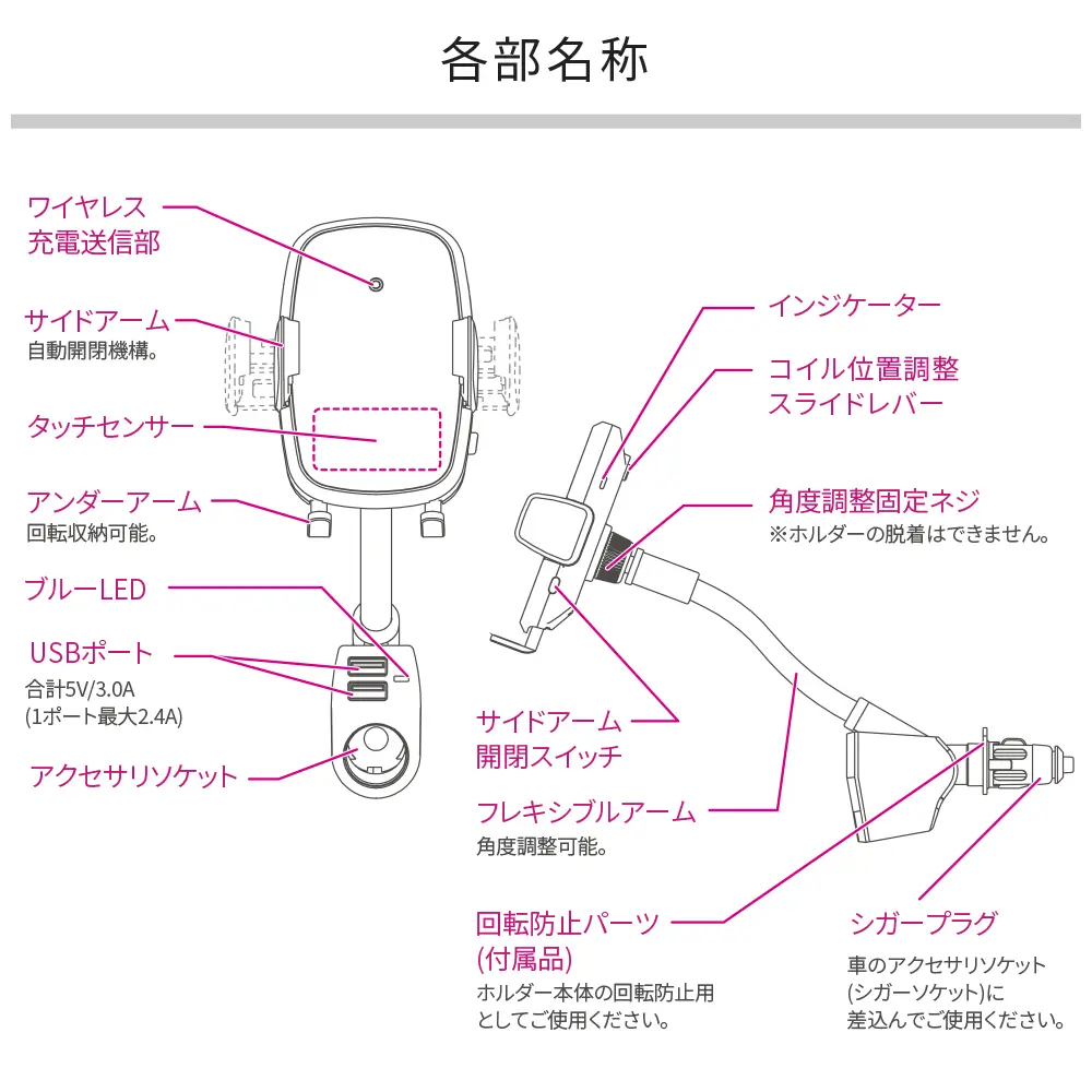 ワイヤレス充電 自動開閉スマホホルダー アクセサリソケット